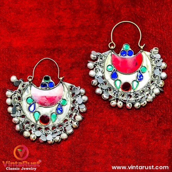 Afghan Tribal Kuchi Multicolor Bali Earrings, Boho Earrings, Kuchi Jewelry - Picture 7 of 12